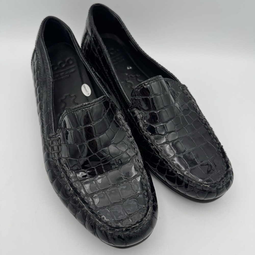 Ecco Women's Patent Leather Slip On Loafers Shoes Faux Croc Black EU 36 US 5-5.5